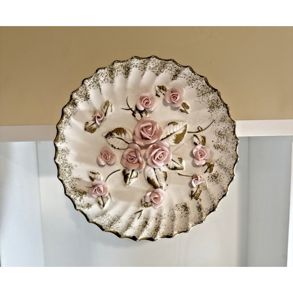Vintage Lefton Plaque Raised Pink Roses Porcelain‎